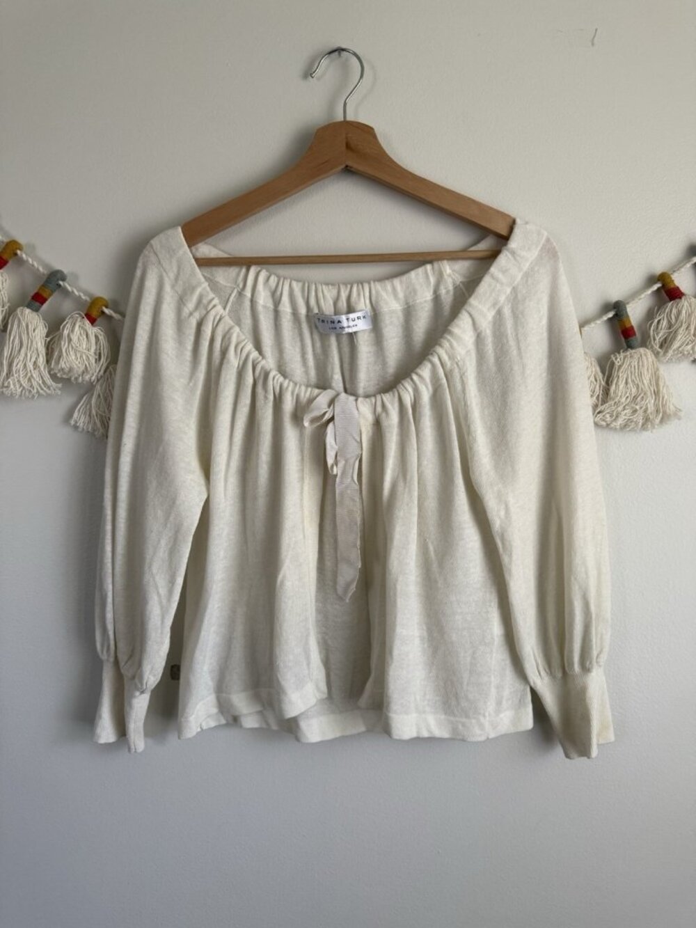 Trina Turk Linen Blend White Tie Front Cardigan Coastal Beach Feminine Neutral S